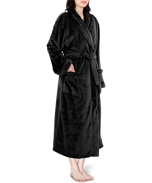 Robes Premium Women Fleece Robe with Satin Trim | Luxurious Super Soft Plush Bathrobe - Black - C318E8IM90A