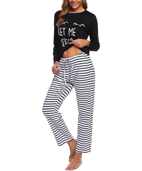 Sets Womens Long Sleeve Pajamas Set Striped Top and Pants Soft Pjs Sets Sleepwear - Black - CR18XOM57KW