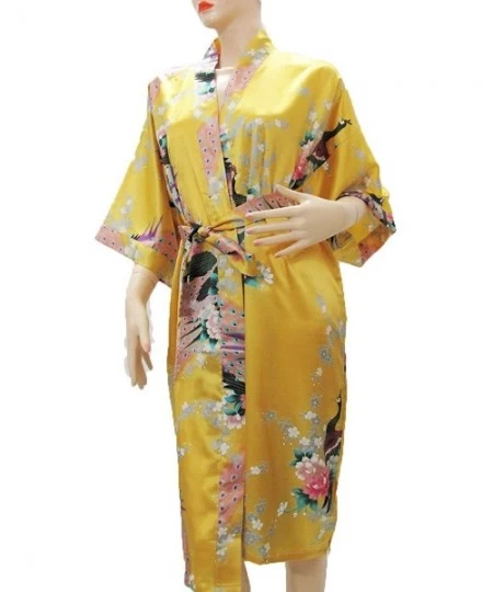 Robes 100% Thai Silk Robe- Asian Peacock Design- Yellow Color - CY11BUPKI2B