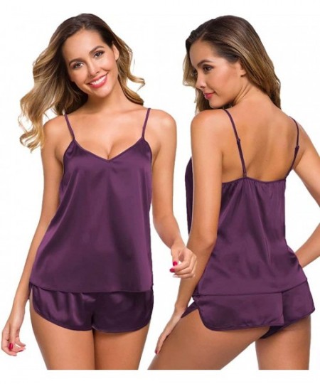 Sets Womens Sexy Lingerie Silk Satin Pajamas Cami Shorts Set Sleepwear - Wineberry - CM194RO4N96