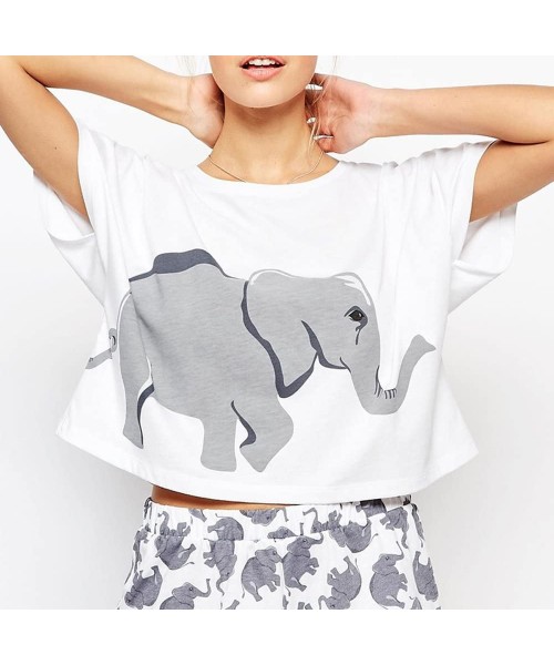 Sets Sets Elephant Pajamas Women Cotton Home Wear Cute Sleep T Shirt Tops Shorts PJS Sleepwear Nightwear Teen Girls White - C...
