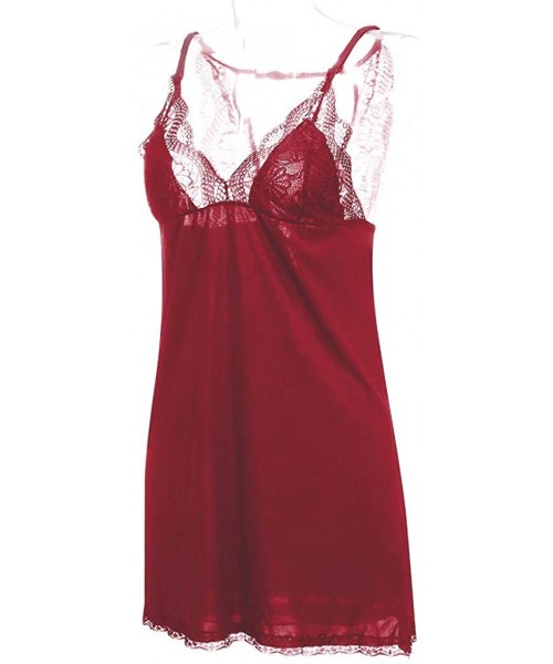 Nightgowns & Sleepshirts Lingerie for Women Sleepwear Slips Strap Nightgown V Neck Chemise Lace Underwear - Wine Red - CW190Z...