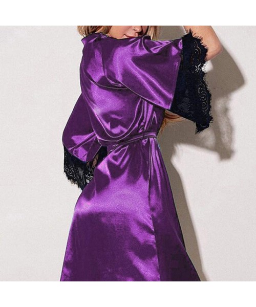 Robes Women Short Silk Kimono Robe Lace Trim Satin Sleepwear Bridesmaids with Briefs - Purple 1 - C518WL3AOIX