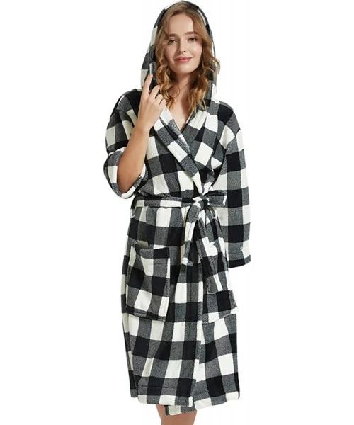 Robes Women's Plush Robes Fleece Plaid Hooded Kimono Robe Soft Spa Bathrobe House Sleepwear with Pockets - Black - CN18UH0IM0N