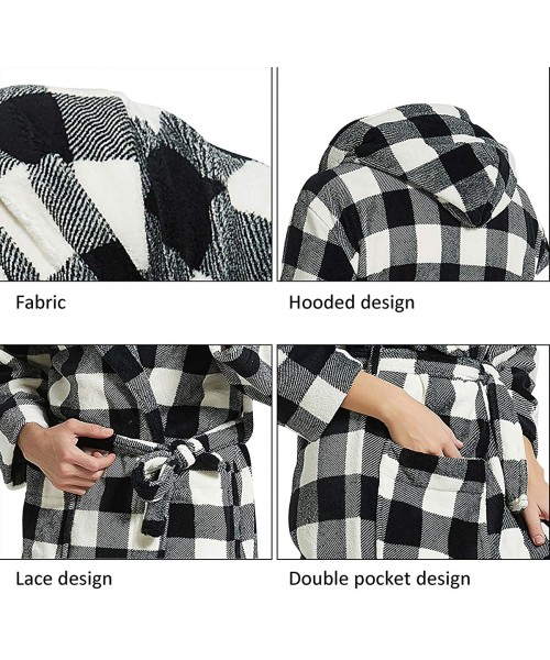 Robes Women's Plush Robes Fleece Plaid Hooded Kimono Robe Soft Spa Bathrobe House Sleepwear with Pockets - Black - CN18UH0IM0N