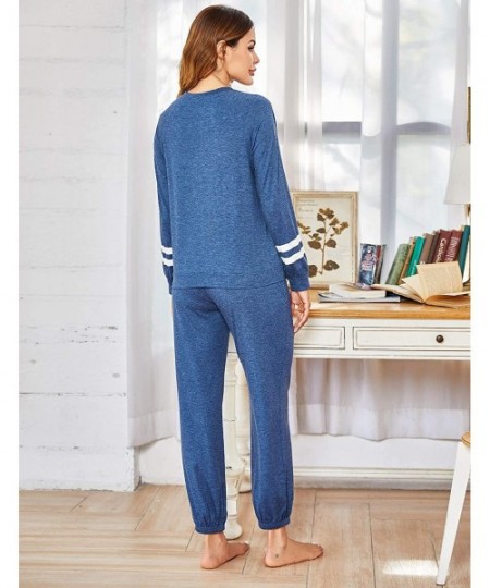 Sets Women's Long Sleeve Pajamas Set with Pockets O Neck Sleepwear Lounge Nightwear (S-XXL) - A- Blue - CZ18Y0S962K