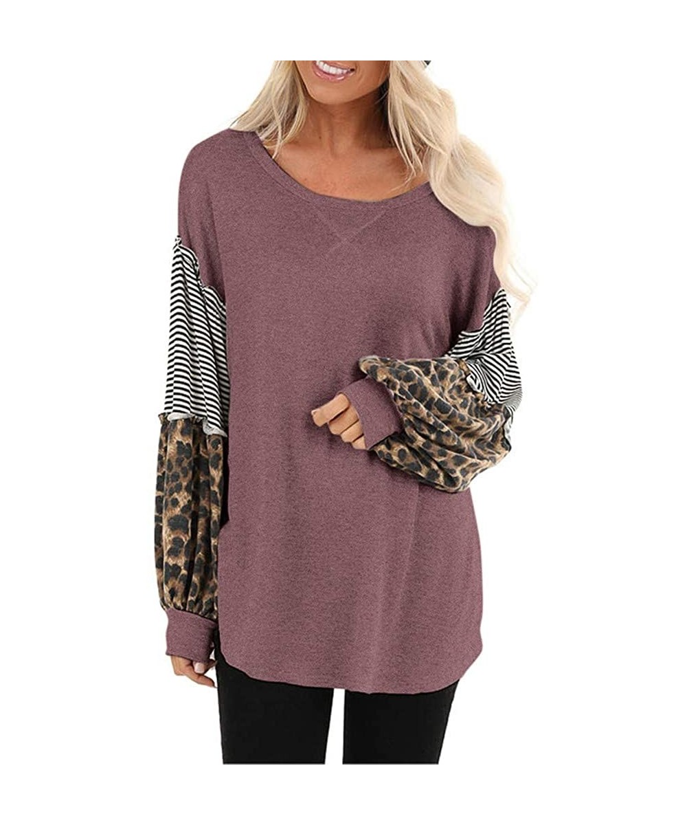 Slips Womens Leopard Print Tunic Top Casual Long Sleeve Striped Splicing Shirt Pullover Color Block Tops for Women Girls - Wi...
