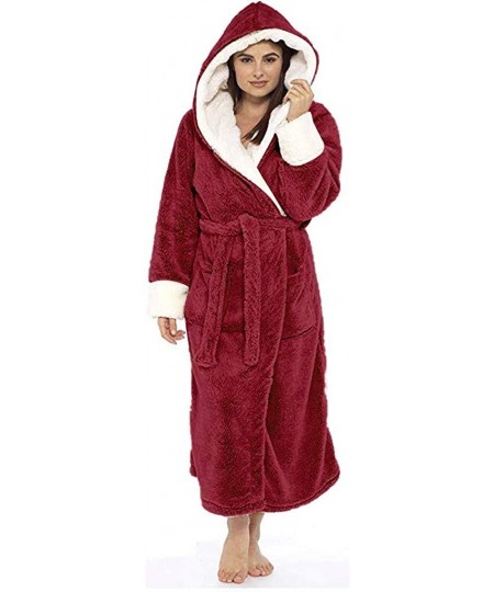 Robes Women's Plush Lengthened Shawl Spa Bathrobe Plus Size Homewear Hooded Robe Coat - Red - CN193Z0QNAR