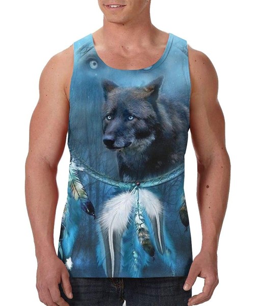 Undershirts Men's Soft Tank Tops Novelty 3D Printed Gym Workout Athletic Undershirt - Native American Midnight Wolf Dream Cat...