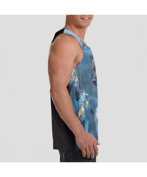 Undershirts Men's Soft Tank Tops Novelty 3D Printed Gym Workout Athletic Undershirt - Native American Midnight Wolf Dream Cat...