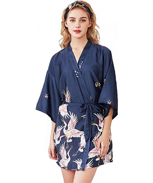 Robes Women Elegant Kimono Robes Satin Silk Short Sleepwear Bathrobe Bridal Dressing Gown Robe - Navy Blue - CK190E3Z94Z
