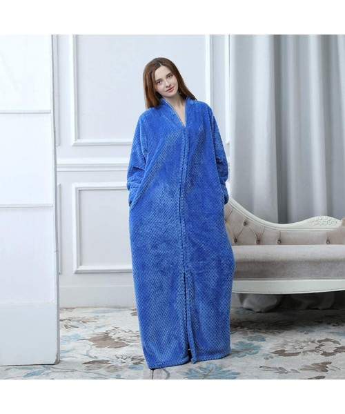 Robes Women Fleece Robe with Satin Trim- Luxurious Super Soft Plush Long Bathrobe Zipper Kimono - Blue - CZ18IQ2I663