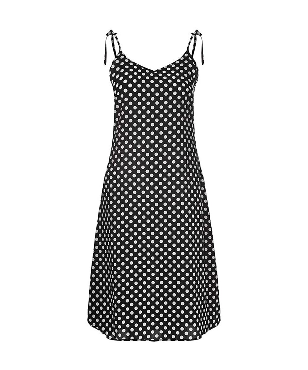 Thermal Underwear Camis Midi Dress- Women's Summer Casual Spaghetti Strap Dot Print Boho Long Maxi Dress - Black - CS18R6CS3D2