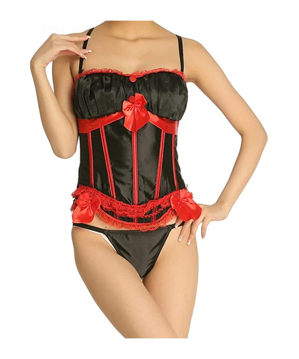 Bustiers & Corsets Women Satin Bustier Corset Bow and Lace Overbust Corset Zipper Plus Size Lace Up Tops with Straps - Red2 -...