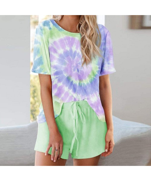 Sets Womens Summer Loose Tie Dye Printed Sleepwear Ruffle Short Lounge Set Loungewear - B-green - CG1908OTUQI