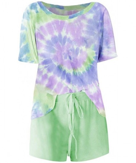 Sets Womens Summer Loose Tie Dye Printed Sleepwear Ruffle Short Lounge Set Loungewear - B-green - CG1908OTUQI