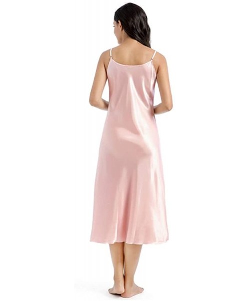 Slips Women's Long Silky Tank Top Adjustable Spaghetti Strap Camisole Slip Dress - Pink - CE1940LU6ZH