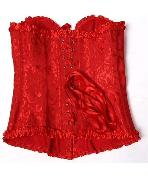 Bustiers & Corsets Womens Corset Plus Size Sexy Lingerie Floral Lace Up Boned Overbust Bustier Top - Red - C612E71USE7