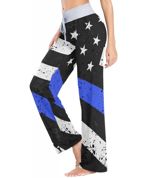 Bottoms Women's Comfy Pajama Pants Drawstring Palazzo Lounge Pants Wide Leg Sleepwear - Thin Blue Line Police Flag - CF199CCLQRY