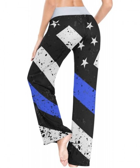 Bottoms Women's Comfy Pajama Pants Drawstring Palazzo Lounge Pants Wide Leg Sleepwear - Thin Blue Line Police Flag - CF199CCLQRY