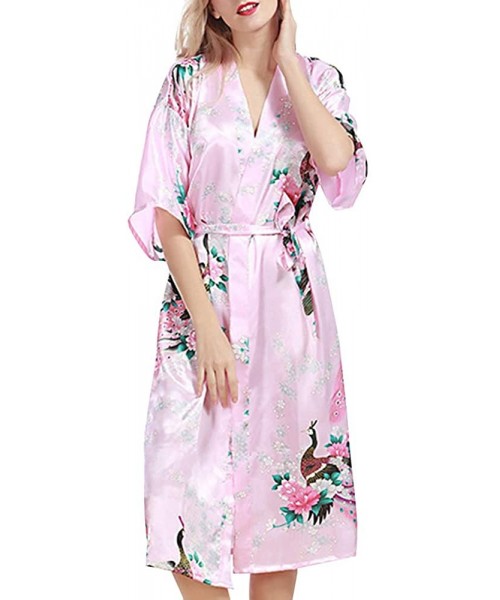 Robes Women's Flower Patterned Silk Satin Midi Kimono Robe - Lightpink - C018W4Z0AR8