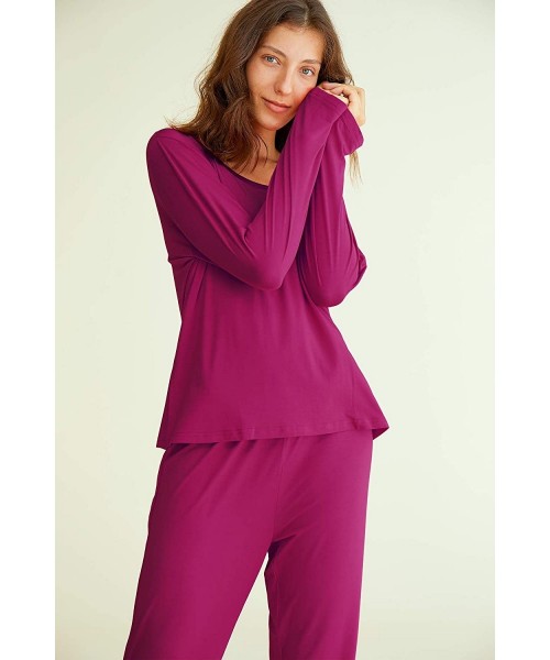 Sets Women's Round Neck Sleepwear Long Sleeves Pajama Set - Boysenberry - CV18I4KNQHQ