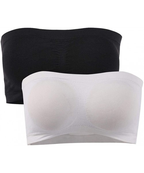 Bras Women's Comfort Basic Strapless Seamless Padded Wirefree Stretch Bandeau Tube Top Bra - 2 Pack- White & Black - C718CRQCN44