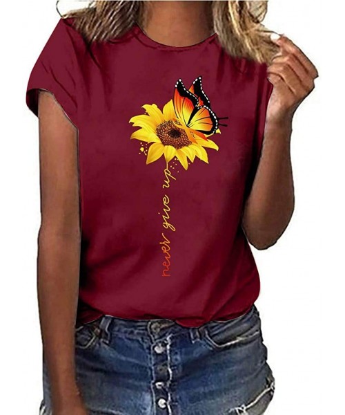 Thermal Underwear Womens Casual Summer Plus Size Sunflower Print Short Sleeved T-Shirt Blouse Tops Graphic Tee - Red - CE19DE...