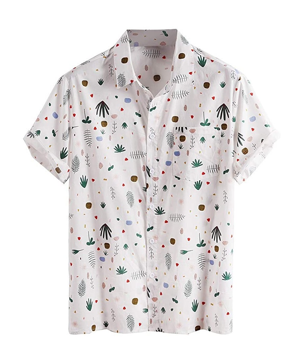 Sleep Tops Summer Printed T Shirts for Men Turn Down Collar Short Sleeve Casual Shirts - White - CV19C9WL3HL