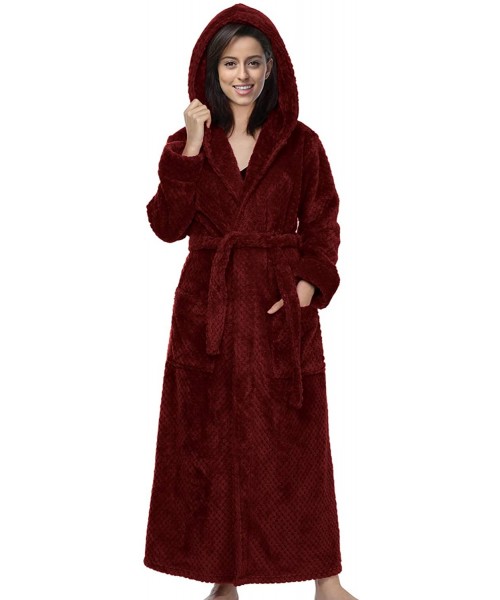 Robes Women Soft Warm Robes Hooded Long Bathrobe Plush Fleece Housecoat - 1-wine Red - CI19EONOWEO