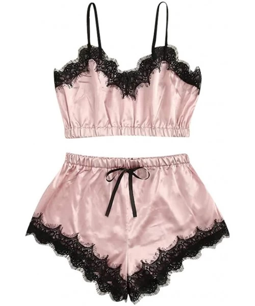 Sets Women Sexy Pajama Sets Lingerie Nightwear Lace Trim Cami and Shorts Two Piece Sleepwear - B-pink - CL19DWQMIWR