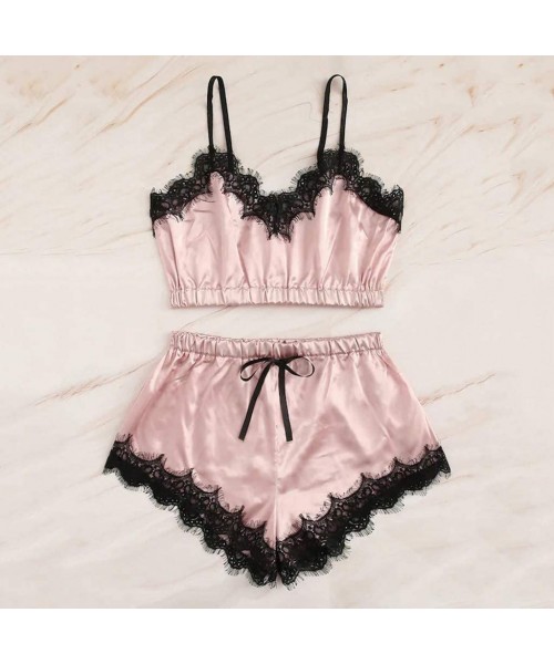 Sets Women Sexy Pajama Sets Lingerie Nightwear Lace Trim Cami and Shorts Two Piece Sleepwear - B-pink - CL19DWQMIWR