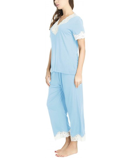 Sets Women's Soft Pajamas Set Long Sleeve Pjs Top and Pants Loungewear - Capri-light Blue - C41987OXQDA