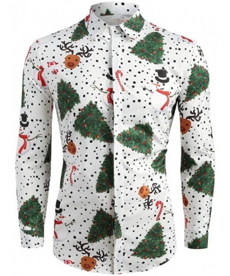 Robes Men's Button Down Long Sleeve Christmas Shirt Christmas Tree Printed Top White Green Light Blue - White - CR18ZTNXEHZ
