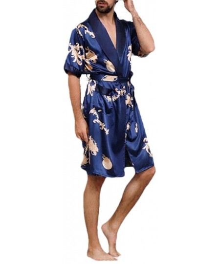 Robes Men's Fashion Summer Luxurious Long-Sleeve Kimono Soft Satin Robe with Shorts Nightgown Pajamas Printed Bathrobes - 2 -...