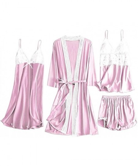 Sets Sexy Pajamas for Women Silky Sets 4 Piece Satin Pajama Set with Robe Soft Lace Lingerie Nightwear Loungewear - A-pink (4...