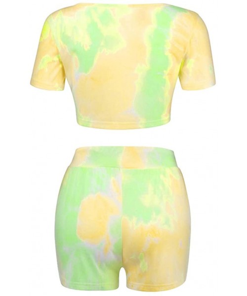 Tops Women Fashion O-Neck Short Sleeve Tie-Dye Printing Home Wear Two Pieces Sets - Yellow - CS1906WNCL6