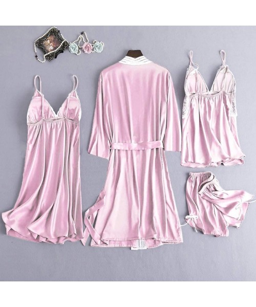 Sets Sexy Pajamas for Women Silky Sets 4 Piece Satin Pajama Set with Robe Soft Lace Lingerie Nightwear Loungewear - A-pink (4...