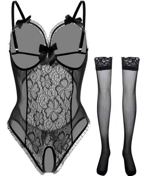 Baby Dolls & Chemises Lingerie for Women Sexy Teddy One-Piece Lace Babydoll Bodysuit Nightie Plus Size - A-(black+stockings) ...