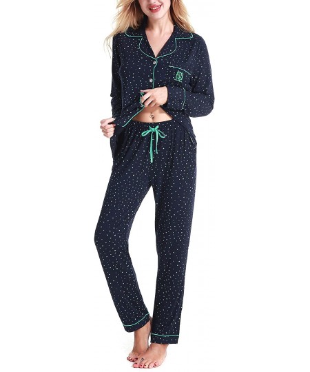 Sets Pajamas Set Women's Long Sleeve Sleepwear Button Down Nightwear Soft PJ Sets XS-XL - Drak Blue With Green Star - CY18339...