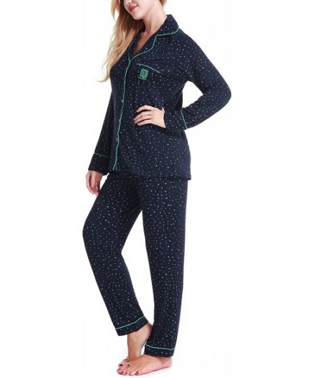 Sets Pajamas Set Women's Long Sleeve Sleepwear Button Down Nightwear Soft PJ Sets XS-XL - Drak Blue With Green Star - CY18339...