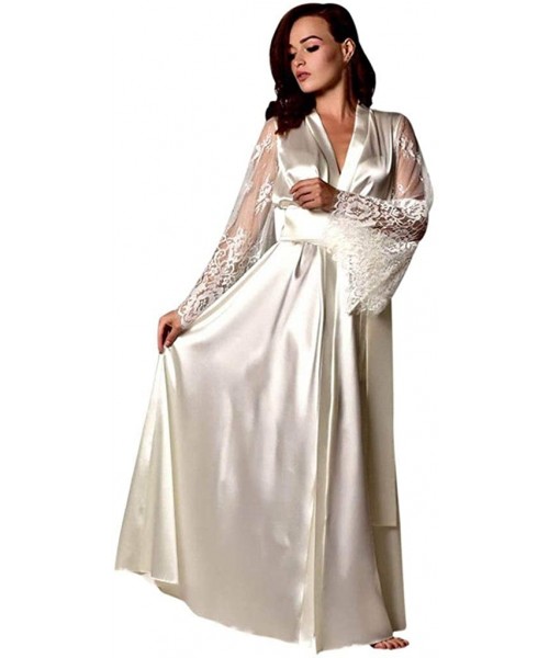 Nightgowns & Sleepshirts Women Long Robe Deep V Neck Lace Long Sleeve Satin Long Nightdress Lingerie Nightgown Sleepwear Sexy...