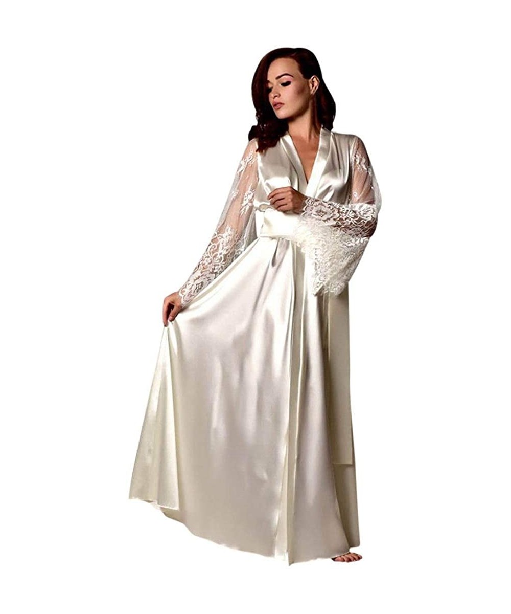 Nightgowns & Sleepshirts Women Long Robe Deep V Neck Lace Long Sleeve Satin Long Nightdress Lingerie Nightgown Sleepwear Sexy...