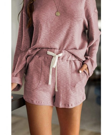 Sets Women's Shorts Pajama Set Long Sleeve Tops Loose Sleepwear Plus Size - Pink - CI190X3SZ79