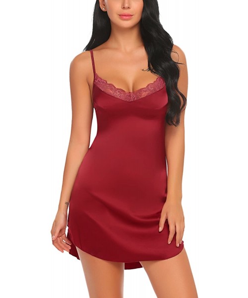 Nightgowns & Sleepshirts Women's Satin Nightgown Sexy Lingerie Lace Chemises Slip Dress - Wine Red - CE187SWK8Z7