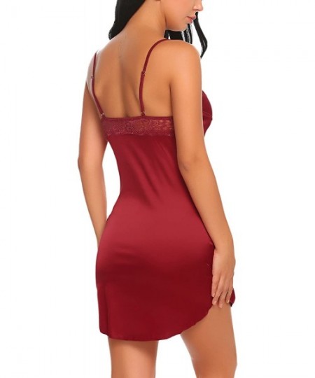 Nightgowns & Sleepshirts Women's Satin Nightgown Sexy Lingerie Lace Chemises Slip Dress - Wine Red - CE187SWK8Z7