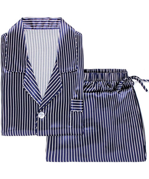 Sleep Sets Mens Silk Satin Pajamas Set Sleepwear Loungewear S~4XL Plus_Gifts - Navy Blue Strip - CJ18HTZ0E49