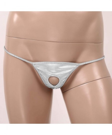 G-Strings & Thongs Mens Shiny Metallic Low Rise Bikini Briefs Open Butt Jockstrap G-String Thong Underwear - Silver - CB19DC8...