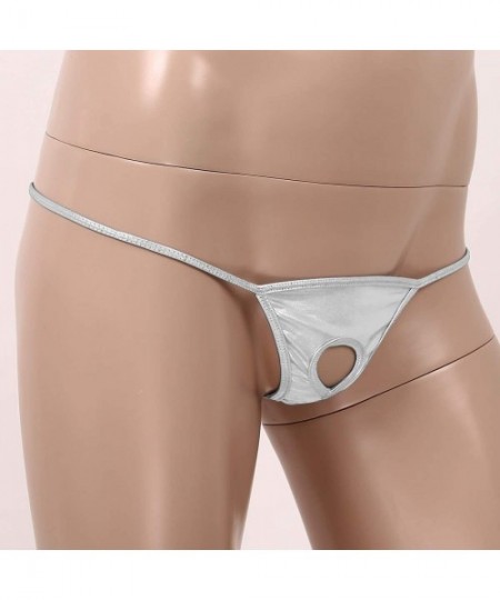 G-Strings & Thongs Mens Shiny Metallic Low Rise Bikini Briefs Open Butt Jockstrap G-String Thong Underwear - Silver - CB19DC8...