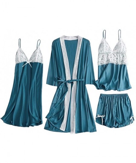 Robes 4PC Women Satin Lace Camisole Bowknot Shorts Nightdress Robe Pajamas Lingerie - Light Blue - CK194TLO0NU